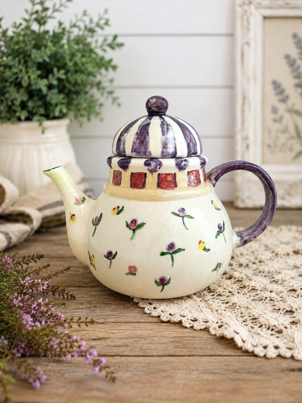 Vintage Hand Painted Ceramic Teapot Floral Purple Cream Cottagecore Folk Art